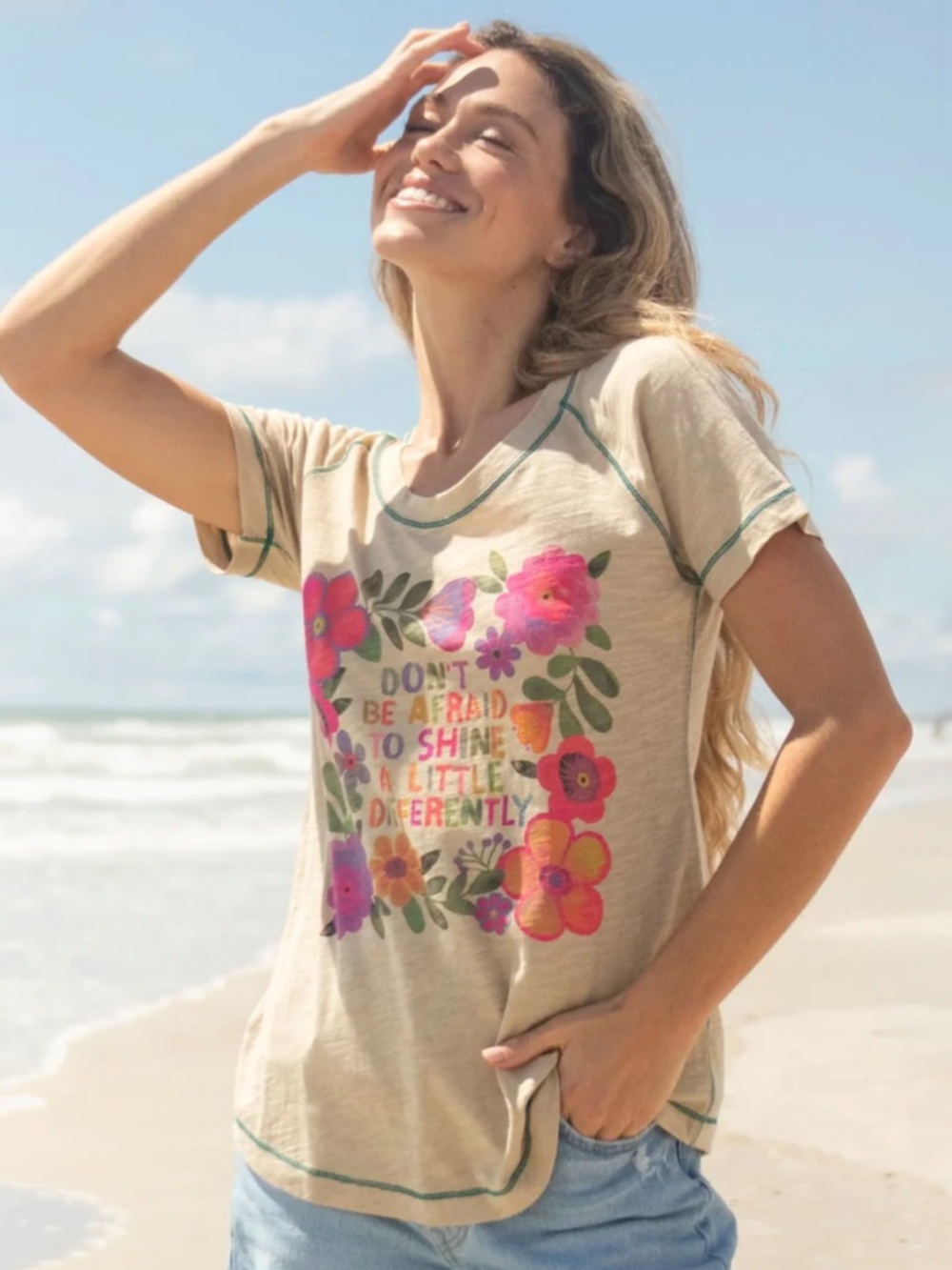 NATURAL LIFE Beige Short-Sleeve Tee with Pink & Orange Floral Graphic